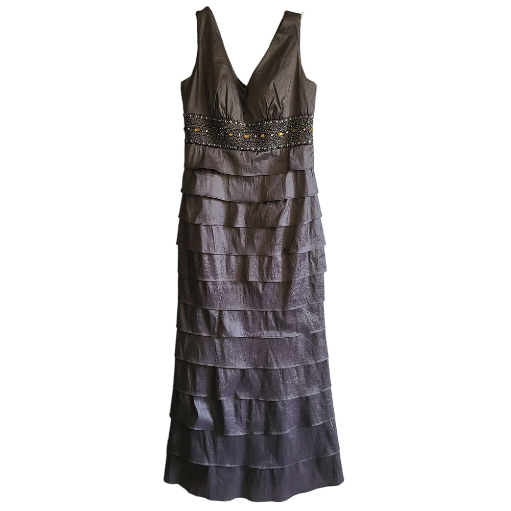 ELIZA J Tiered Beaded Sleeveless Column Formal‎ Gown Gray Bronze Metallic Size 8